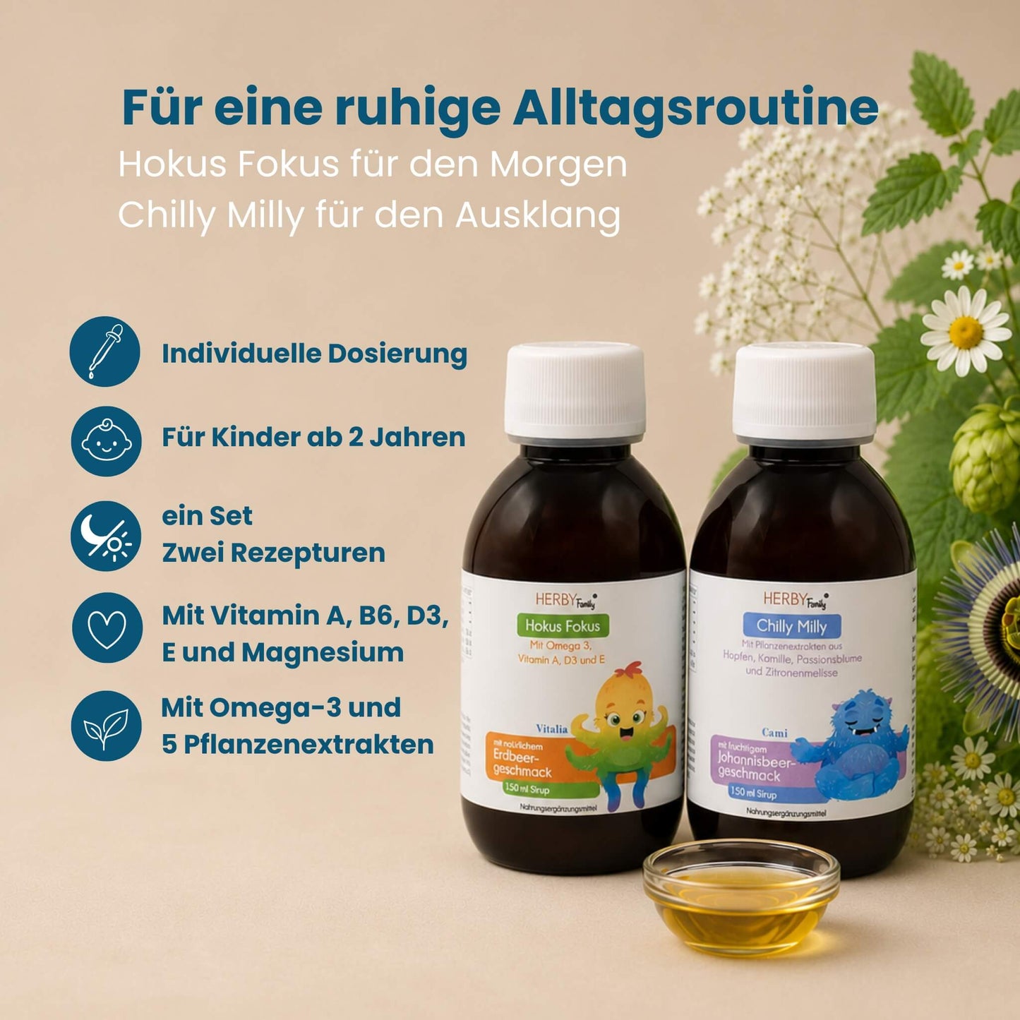 HERBY Family Wild Child Set, Hokus Fokus Erdbeergeschmack und Chilly Milly Johannisbeergeschmack, je 150 ml, für Kinder ab 2 Jahren
