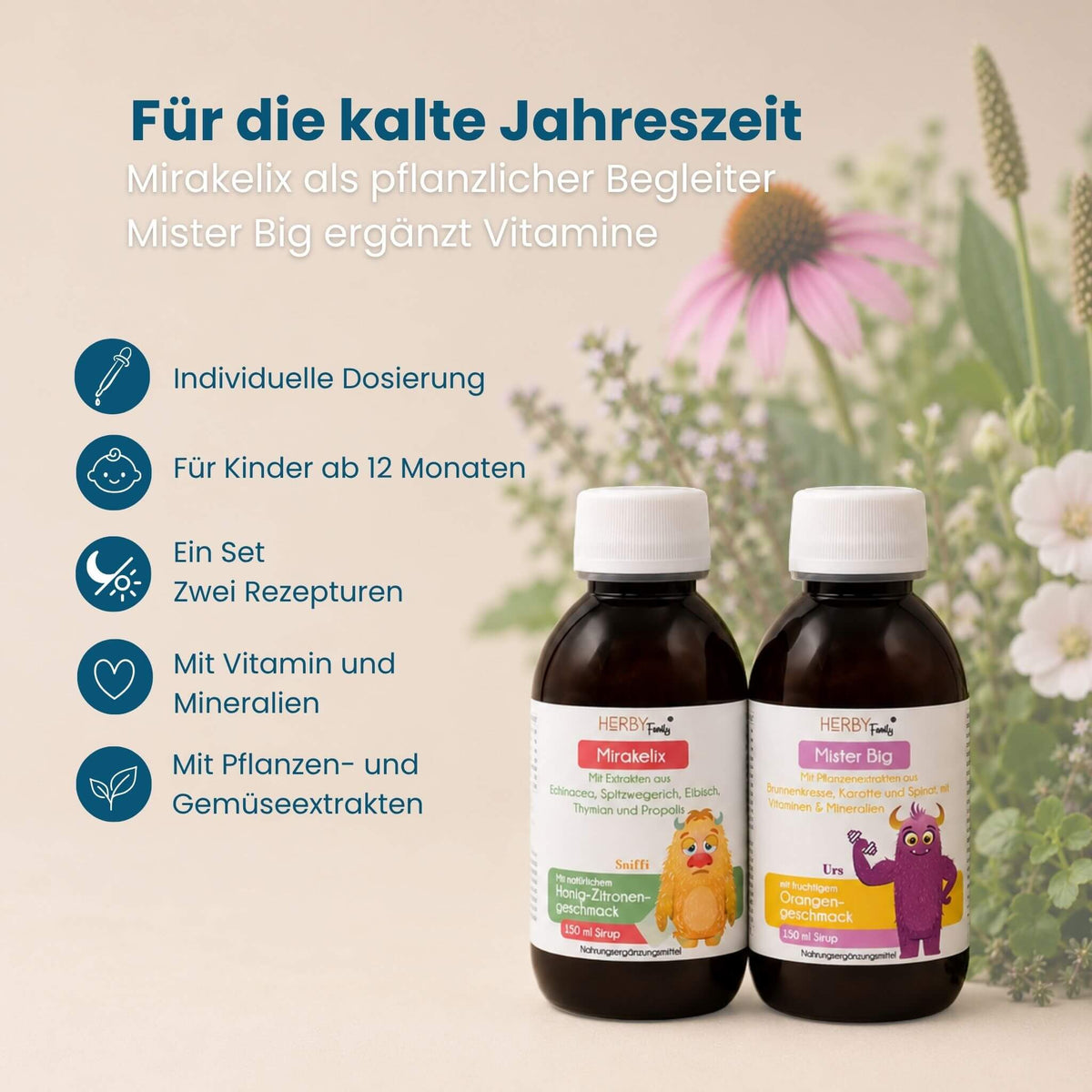 Übersicht zum Winter Fit Set, Mirakelix als pflanzlicher Begleiter und Mister Big mit Vitaminen