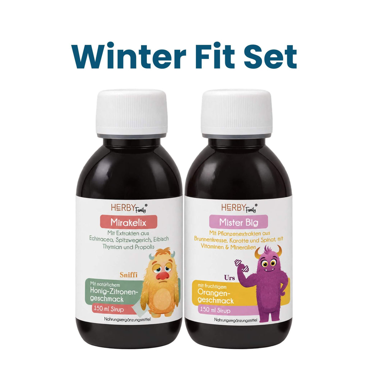 Winter Fit Set von HERBY Family, Mirakelix und Mister Big Kindersirup nebeneinander
