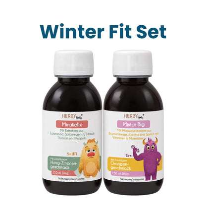 Winter Fit Set von HERBY Family, Mirakelix und Mister Big Kindersirup nebeneinander